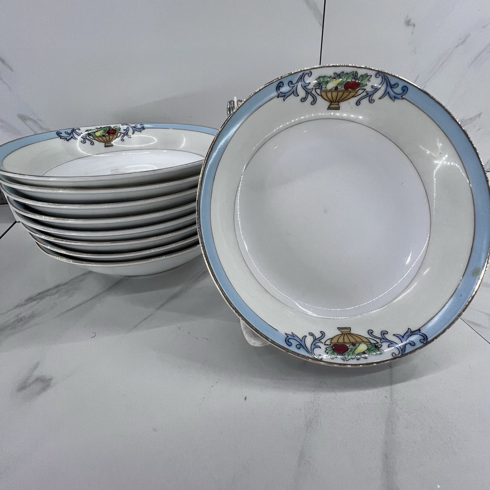 Set of 9 Vtg MEITO CHINA (Japan) 5.5" Shallow Soup Salad Bowls "Delphi" Pattern